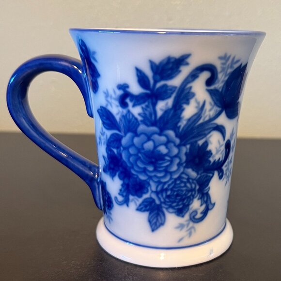 Vintage Flow Blue Transferware Floral Porcelain Cup Mug w/ Spoon ~ Cobalt Blue - Picture 2 of 14